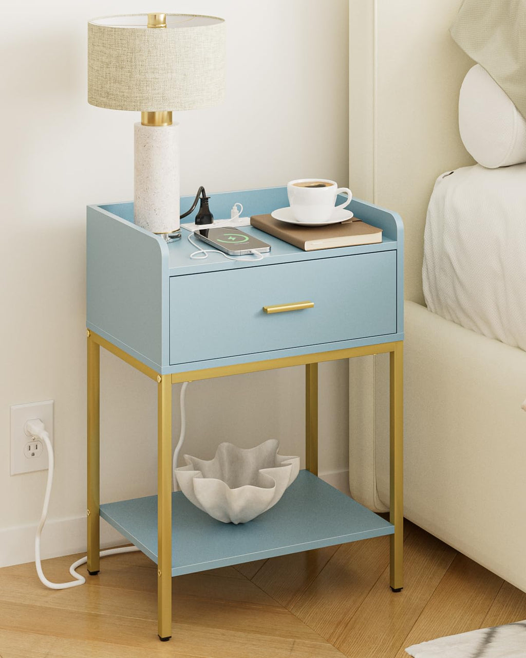 Gold and Blue 3-Tier Nightstand with Charging Station D274974