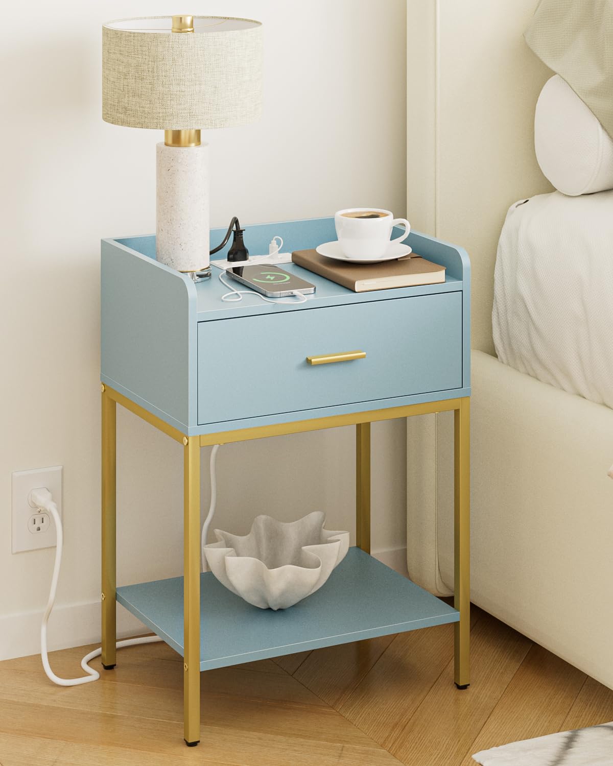 Gold and Blue 3-Tier Nightstand with Charging Station D274974