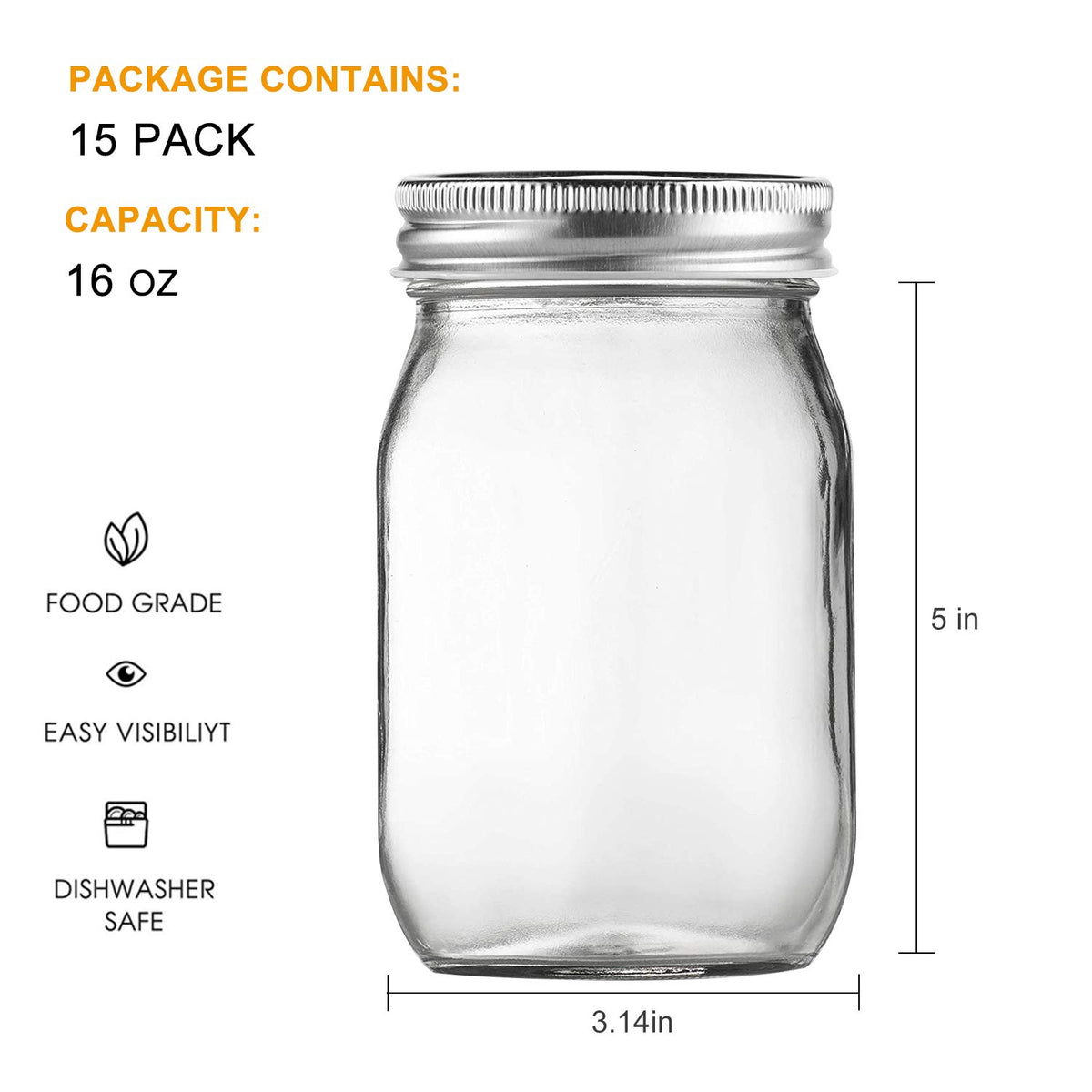 16 Pack 16 oz Glass Mason Jars with Airtight Lids and Bands Y33990
