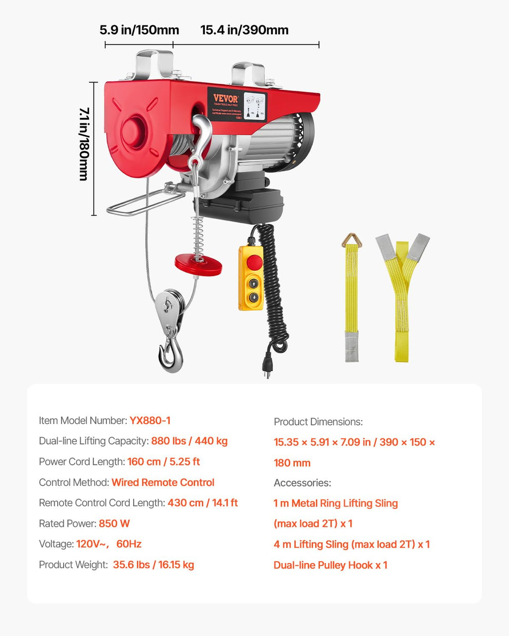 880lbs Electric Hoist with Wired Remote Control V87735
