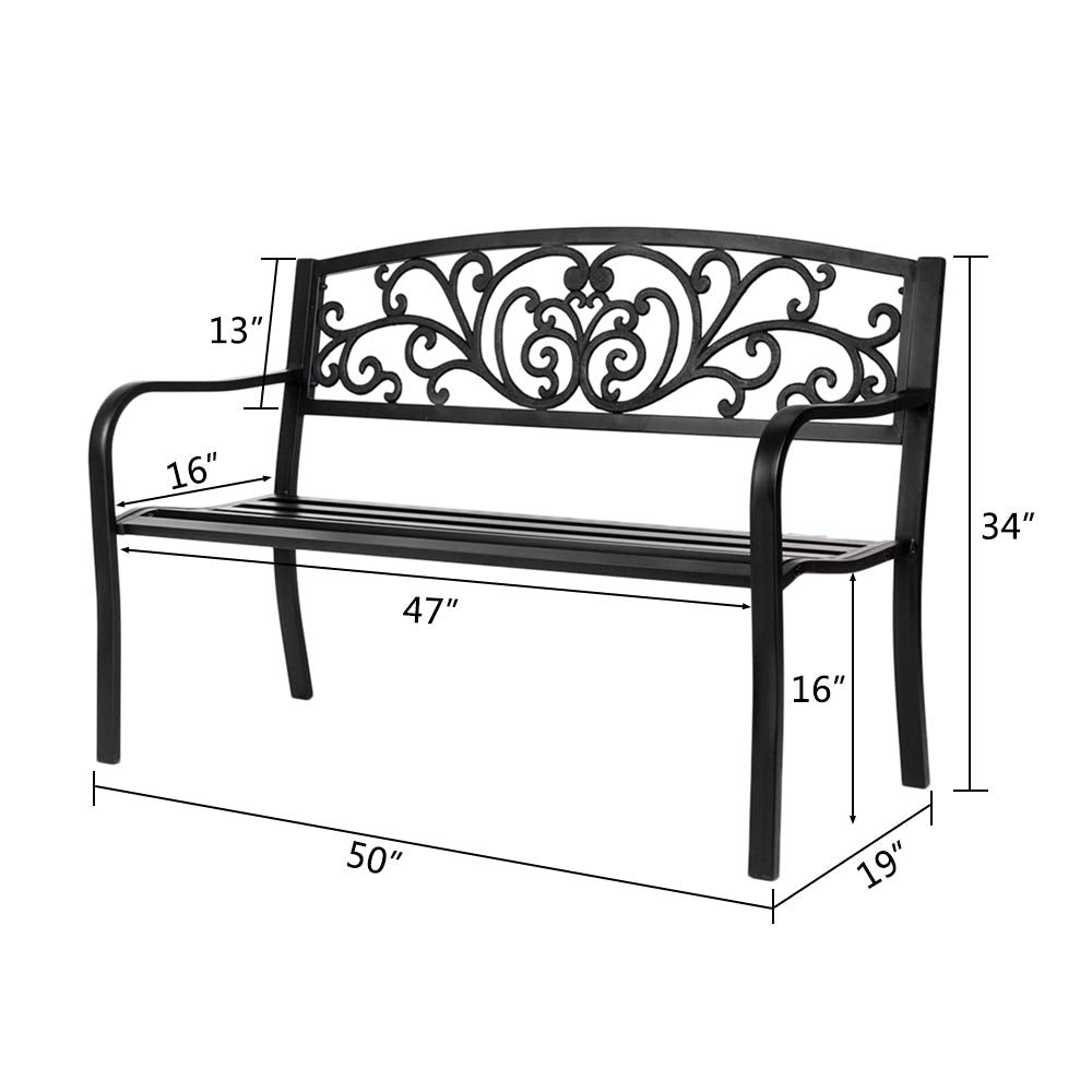 50in Black Metal Outdoor Bench with Armrests J870