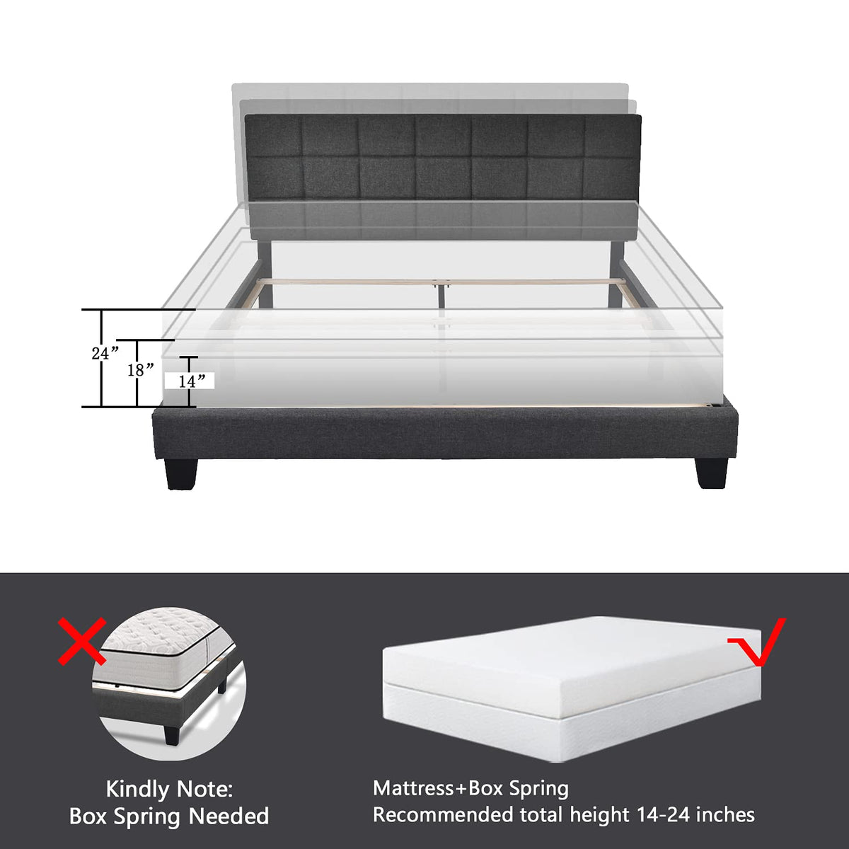 Queen Size Panel Bed Frame Dark Grey V395