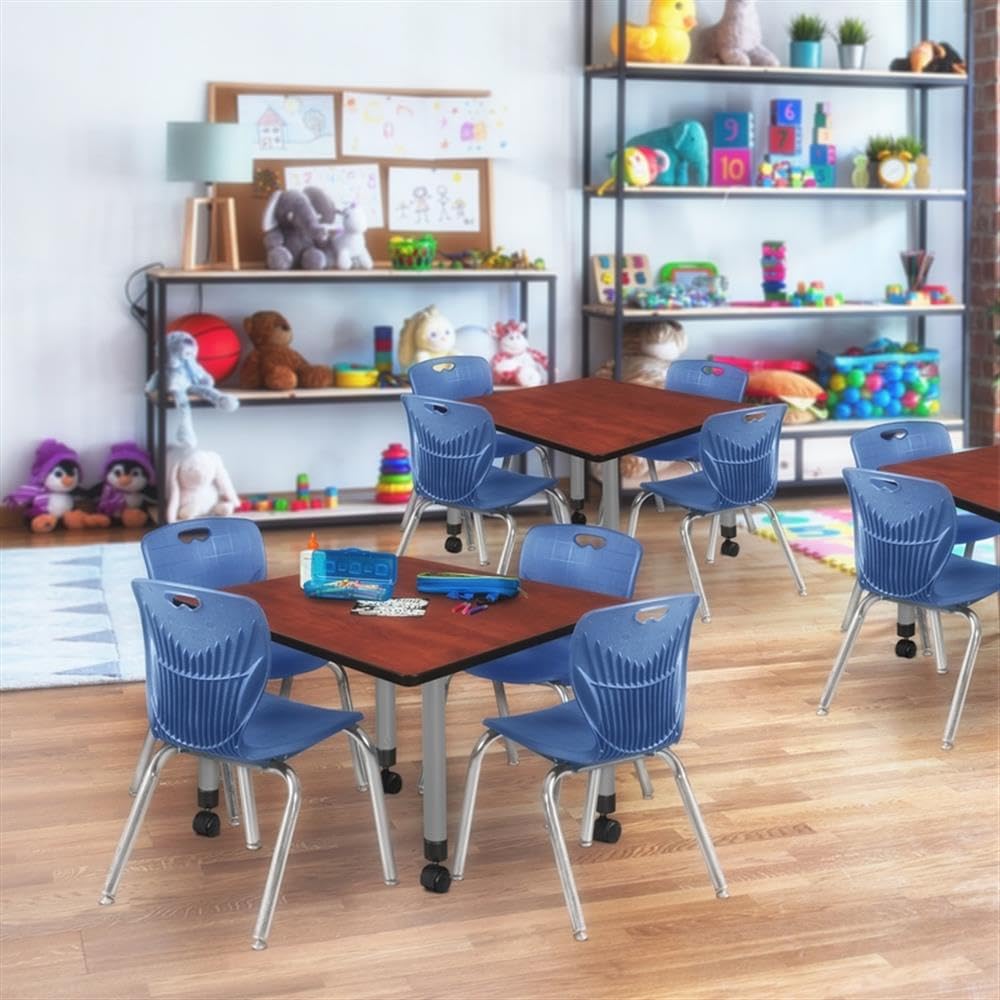 30" Square Mobile Table with 4 Blue Stackable Chairs T520