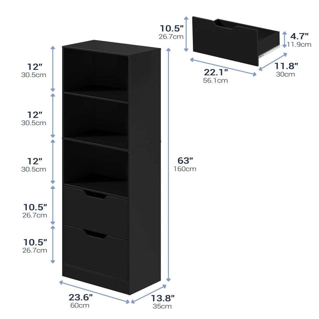 63" H Black Bookshelf with 2 Drawers H3434