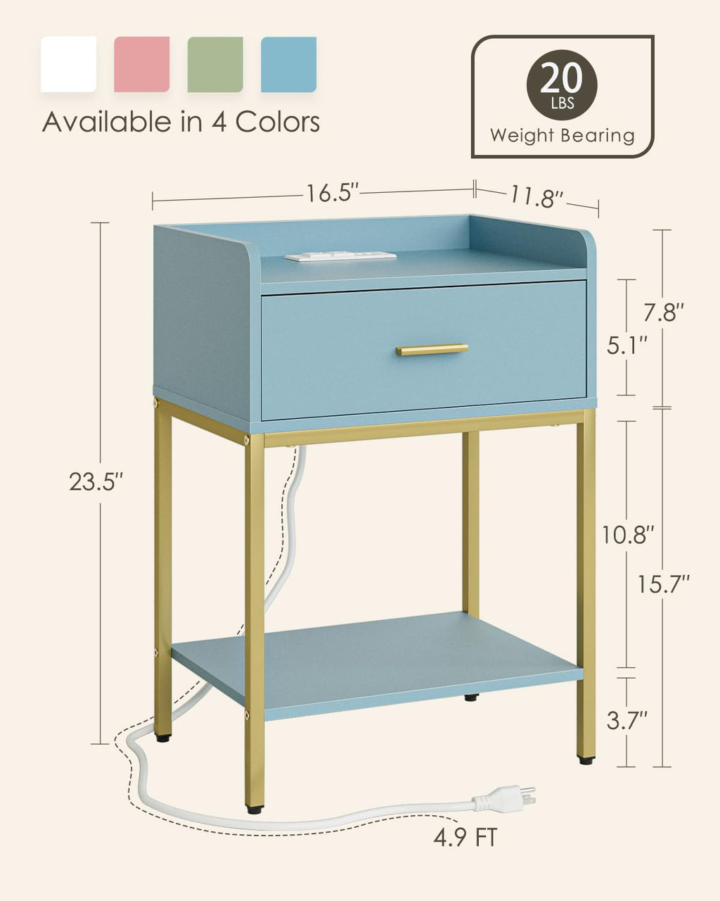 Gold and Blue 3-Tier Nightstand with Charging Station D274974