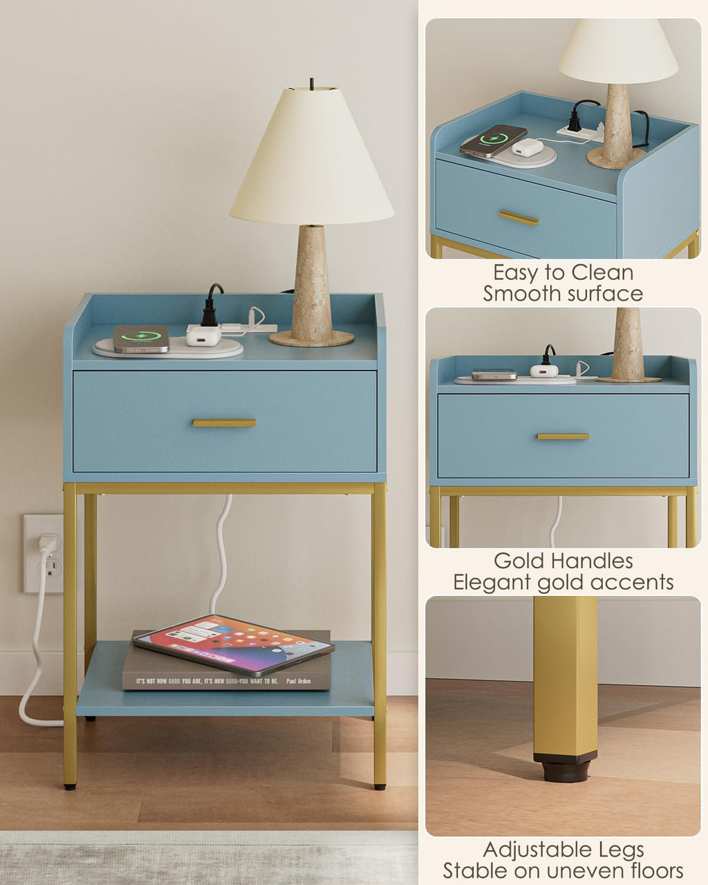 Gold and Blue 3-Tier Nightstand with Charging Station D274974