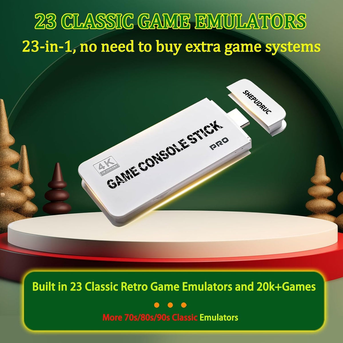 Wireless Retro Gaming Console Stick, 23 Built-In Emulators, 20,000+ Games, 4K HDMI Output, Dual 2.4G Wireless Controllers, 64GB F81346