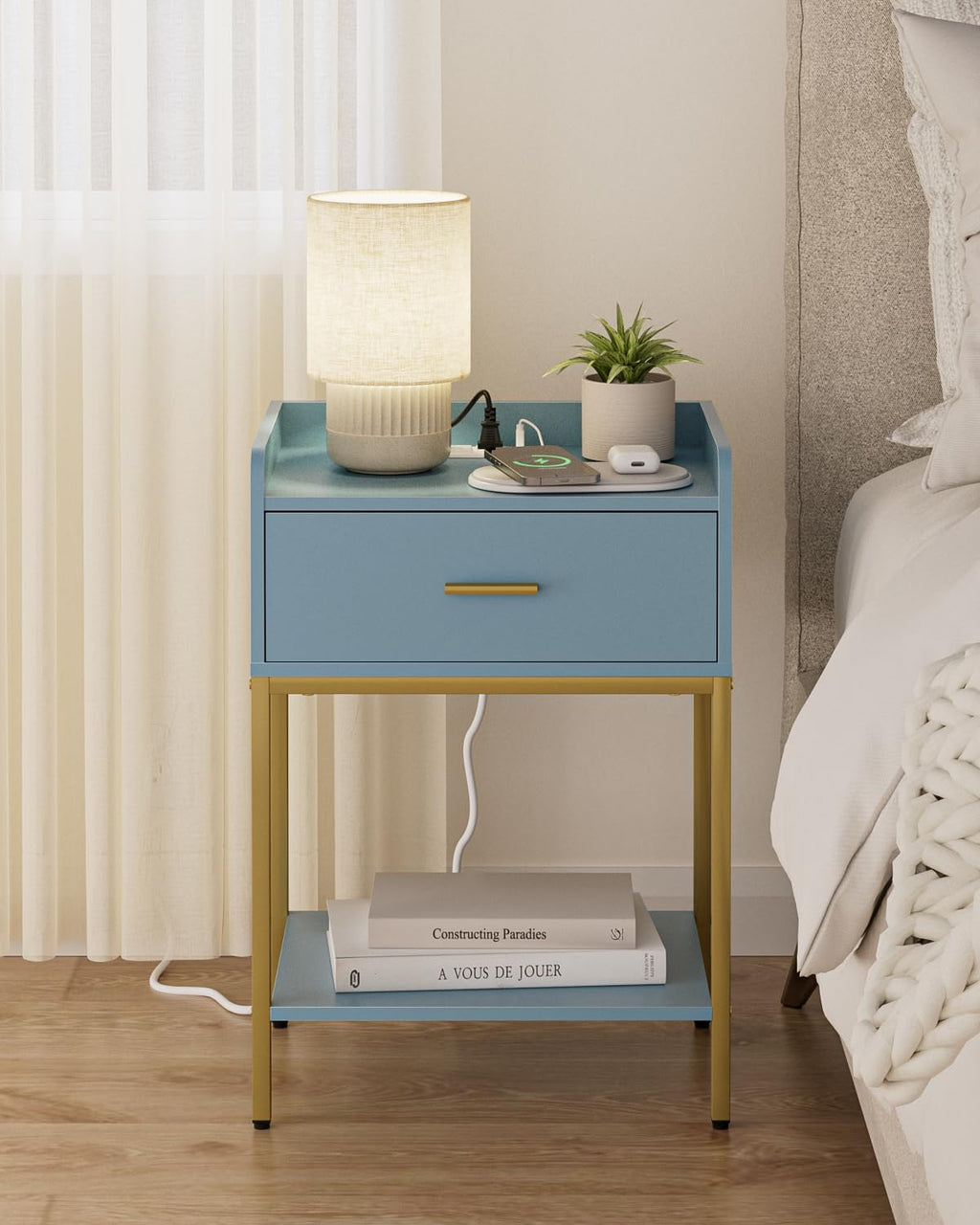 Gold and Blue 3-Tier Nightstand with Charging Station D274974
