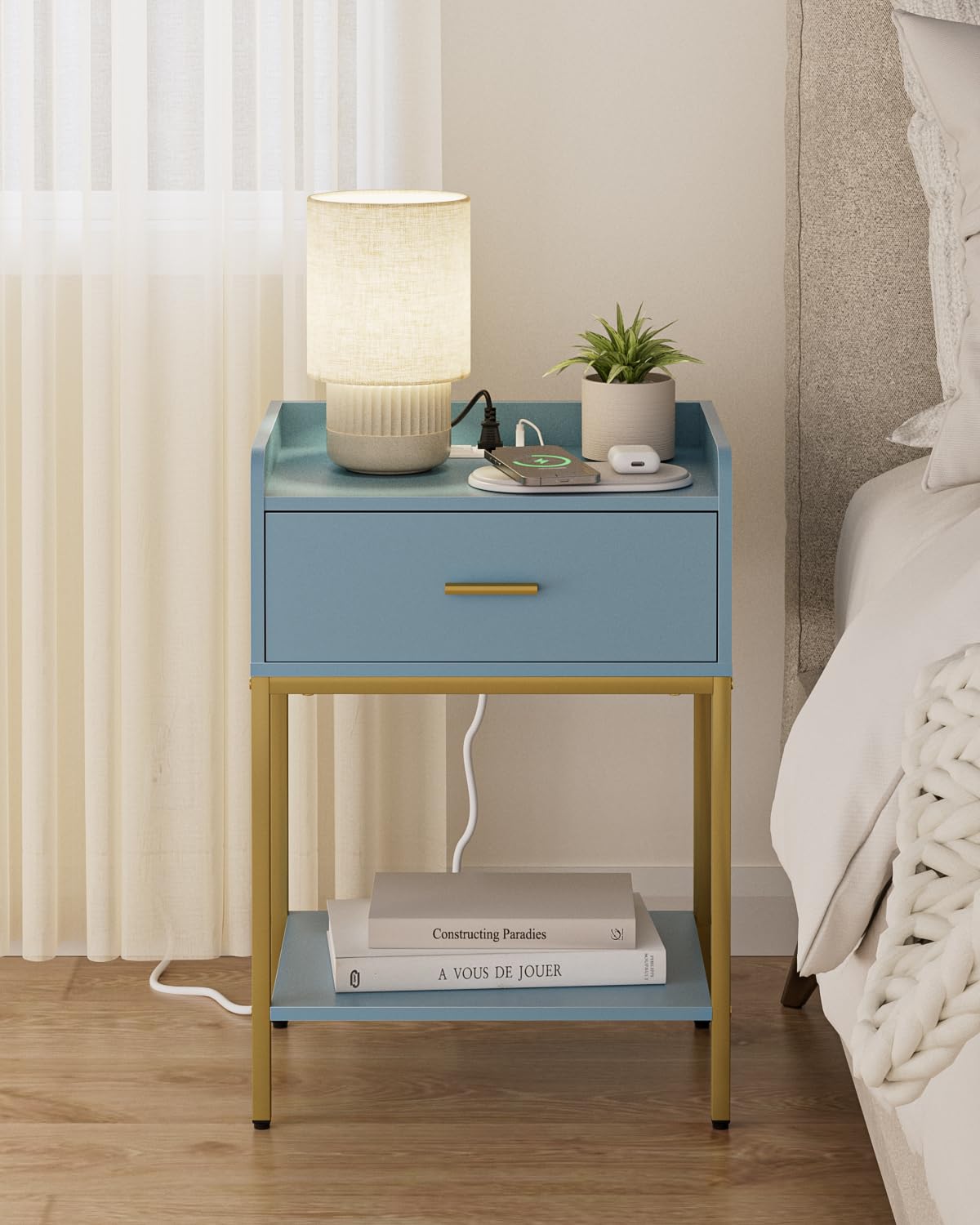 Gold and Blue 3-Tier Nightstand with Charging Station D274974