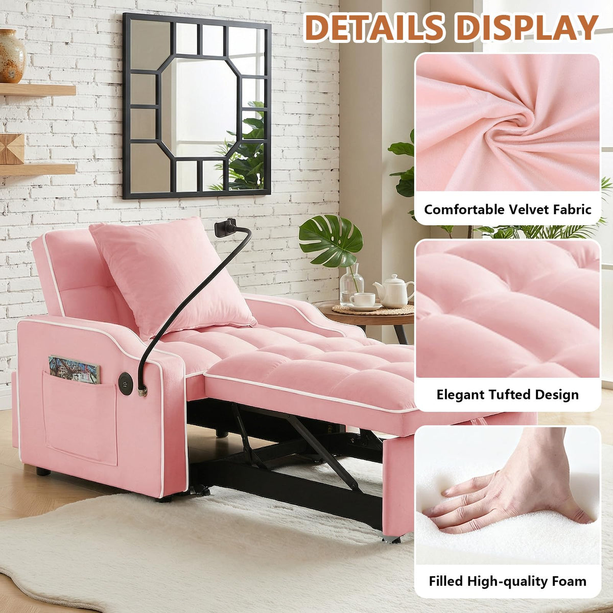 Pink Velvet Sofa Bed I638