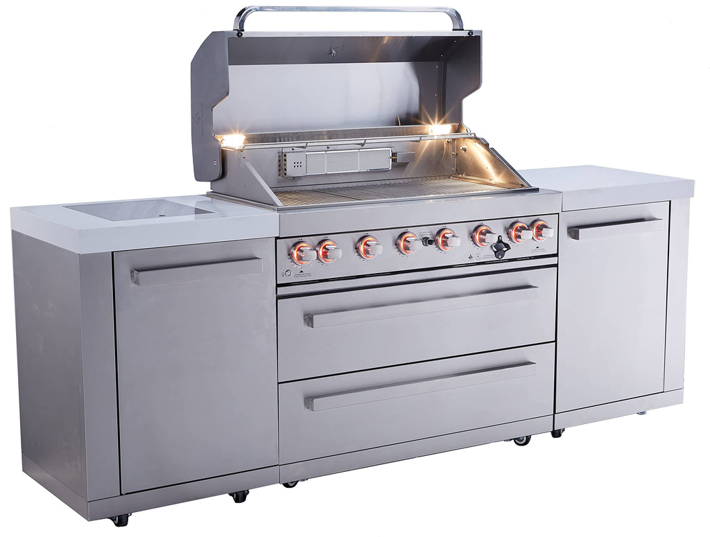 94"W Stainless Steel Modular Outdoor Kitchen Island with 6-Burner Gas Grill and White Granite Countertops Y888663