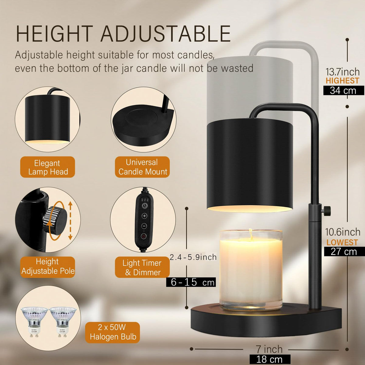 Black Adjustable Height Dimmable Candle Warmer Lamp with Timer K8773