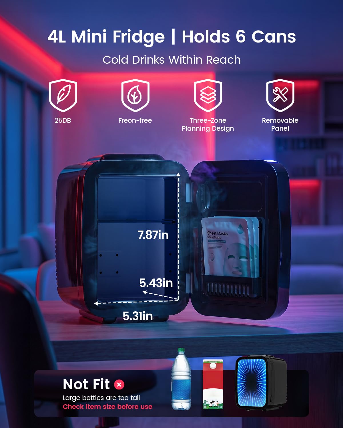 4L/6 Can Compact Fridge with LED Mirror Light C32891