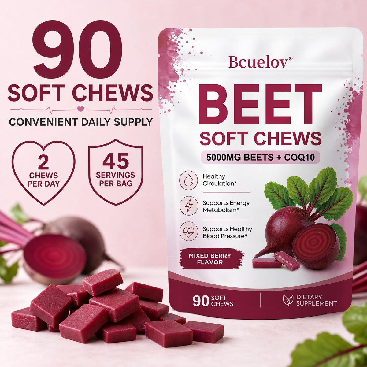 Beet Root Chews with CoQ10, Mixed Berry, 90 Ct X5022