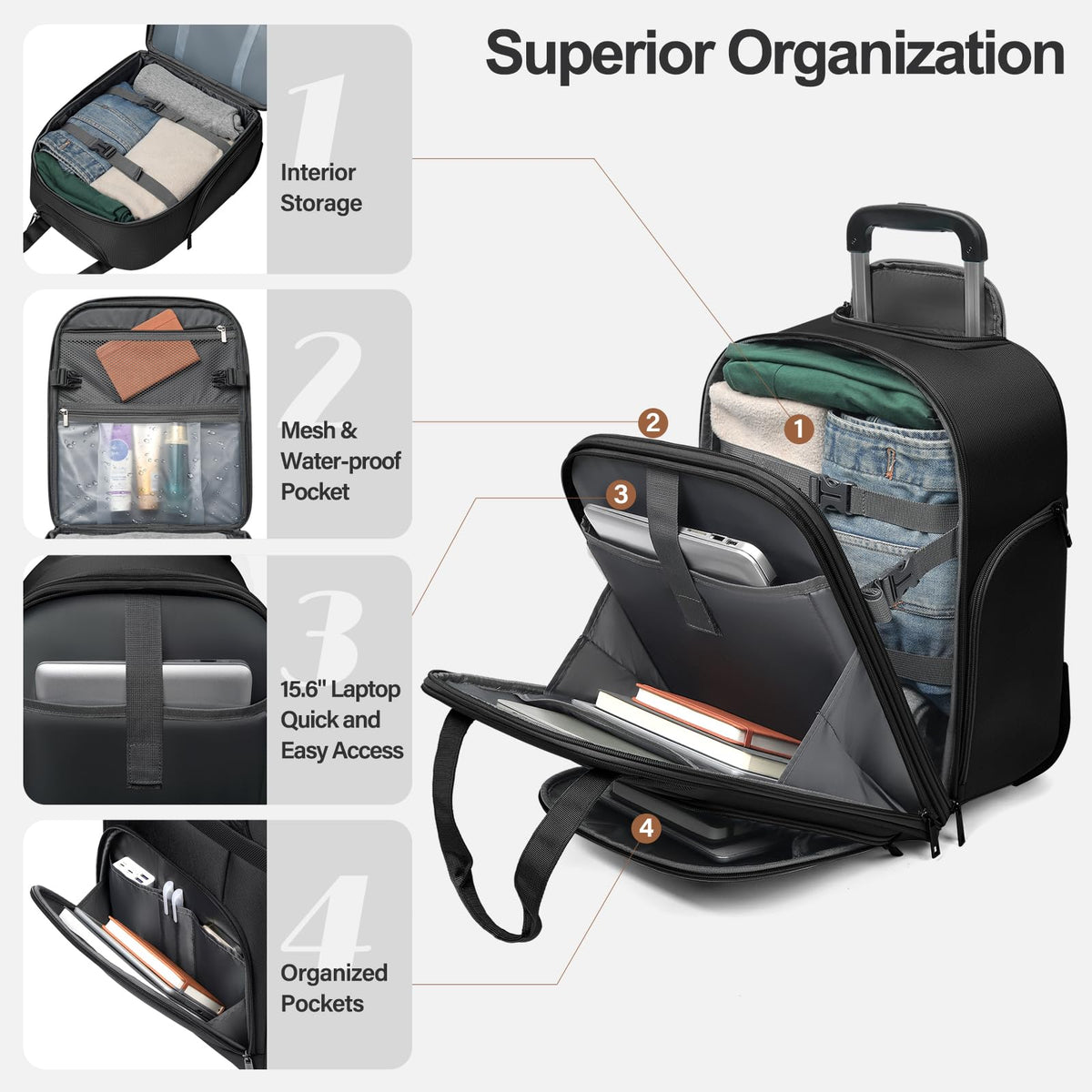 16-Inch Underseat Carry on Luggage with Wheels Black F14407