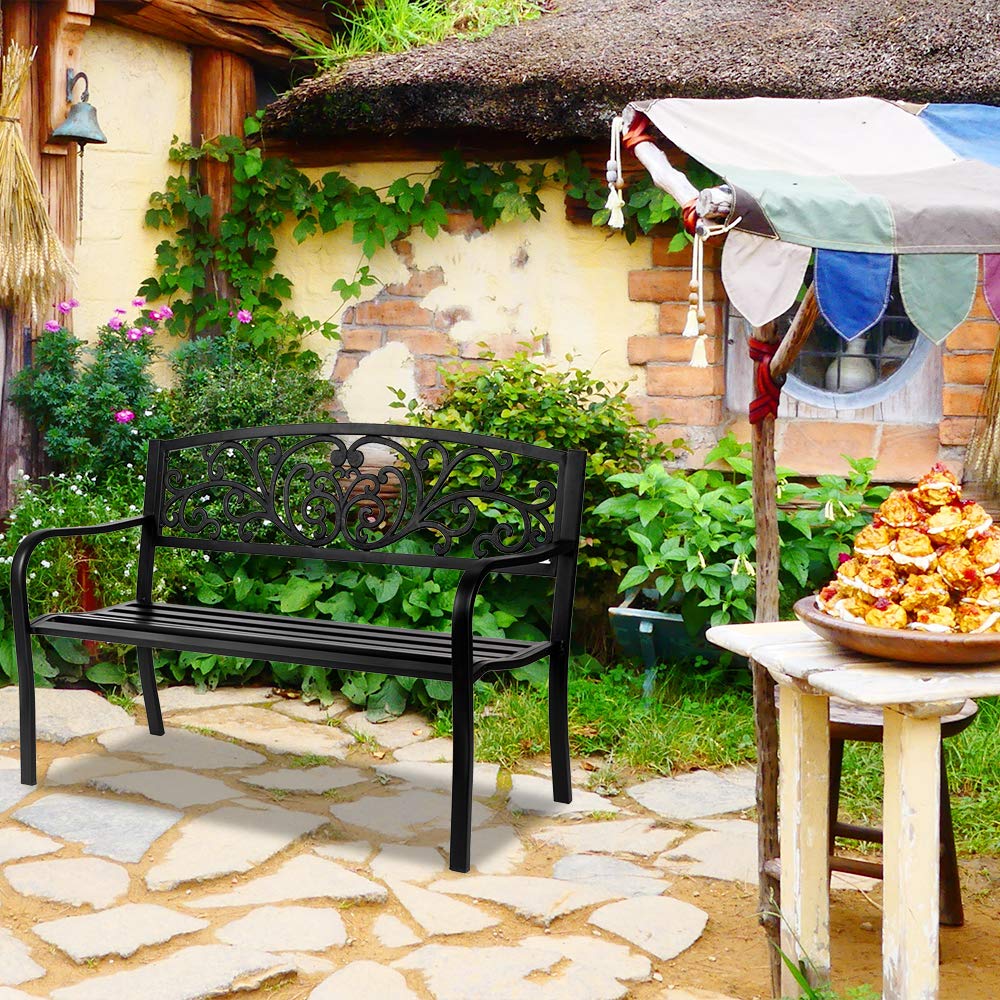 50in Black Metal Outdoor Bench with Armrests J870