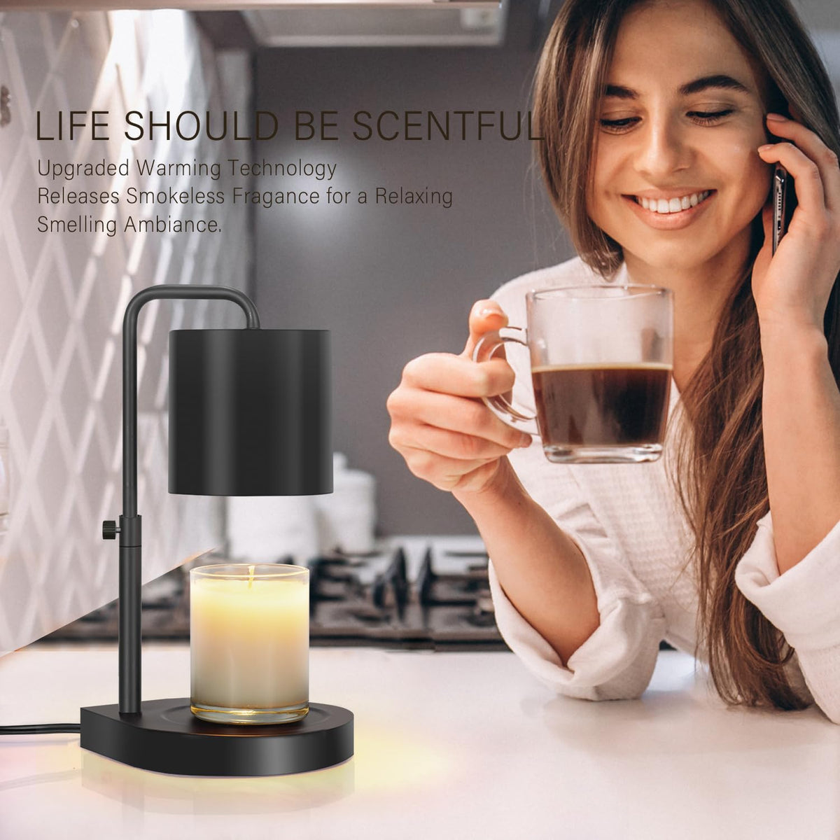 Black Adjustable Height Dimmable Candle Warmer Lamp with Timer K8773