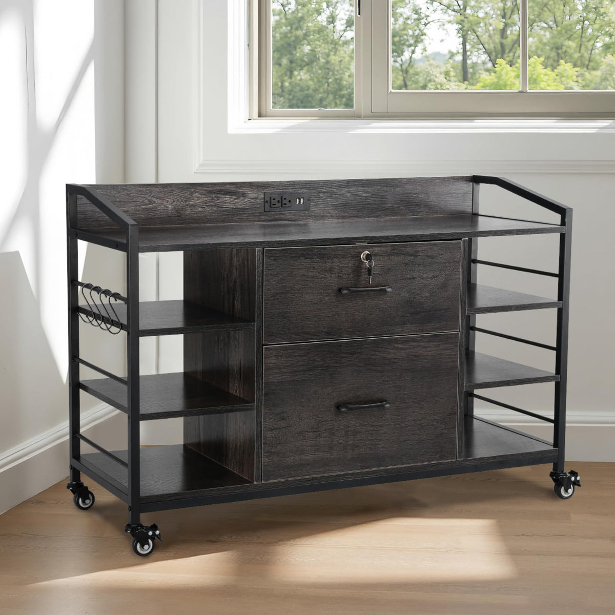 2 Drawer Metal File Cabinet with Lock and 6 Open Shelves, Gray X95116