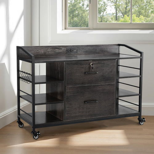 2 Drawer Metal File Cabinet with Lock and 6 Open Shelves, Gray X95116