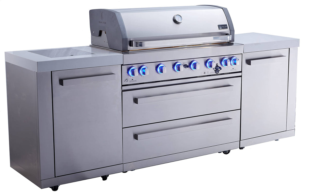 94"W Stainless Steel Modular Outdoor Kitchen Island with 6-Burner Gas Grill and White Granite Countertops Y888663