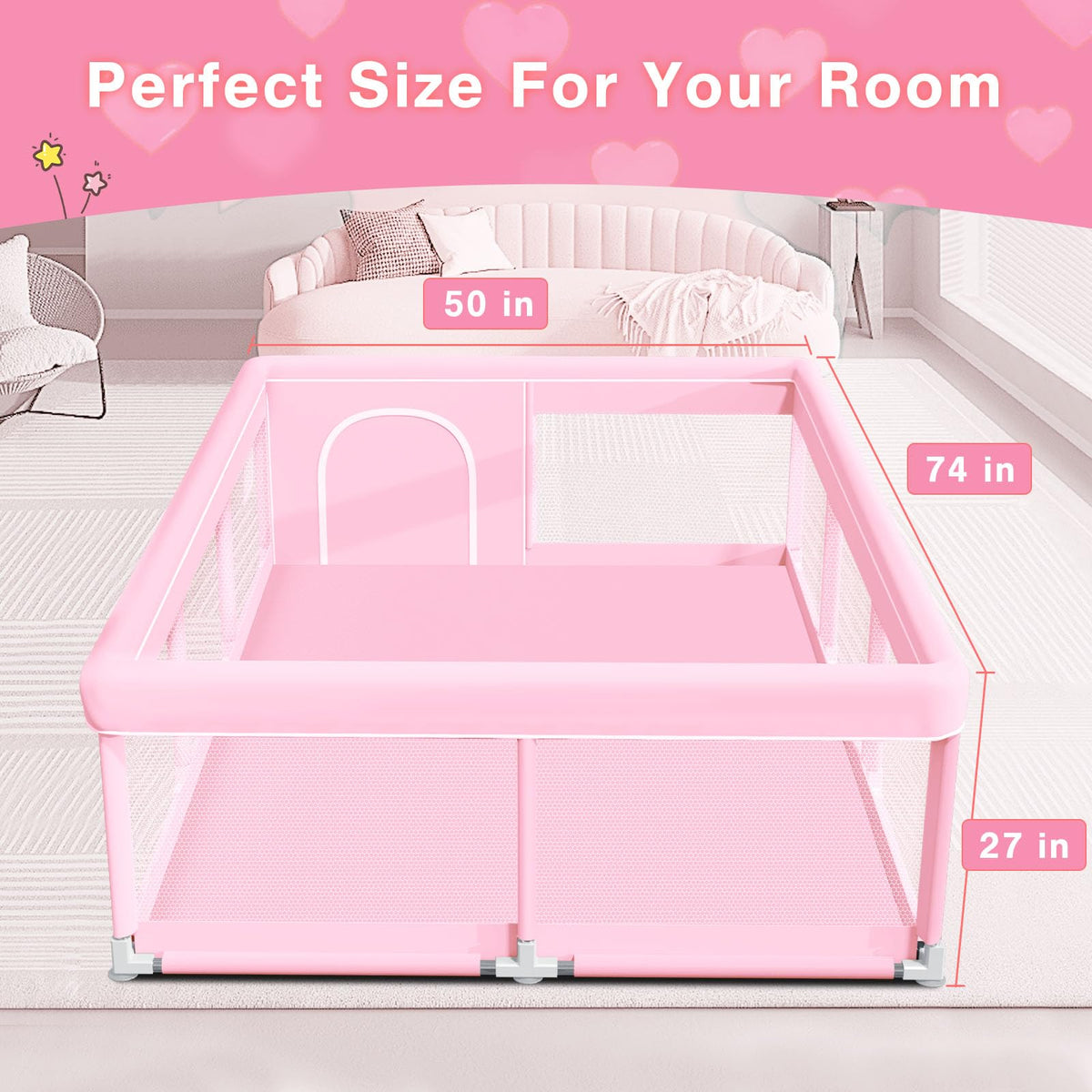 Pink Baby Playpen 74x50 Inches with Mesh Q187