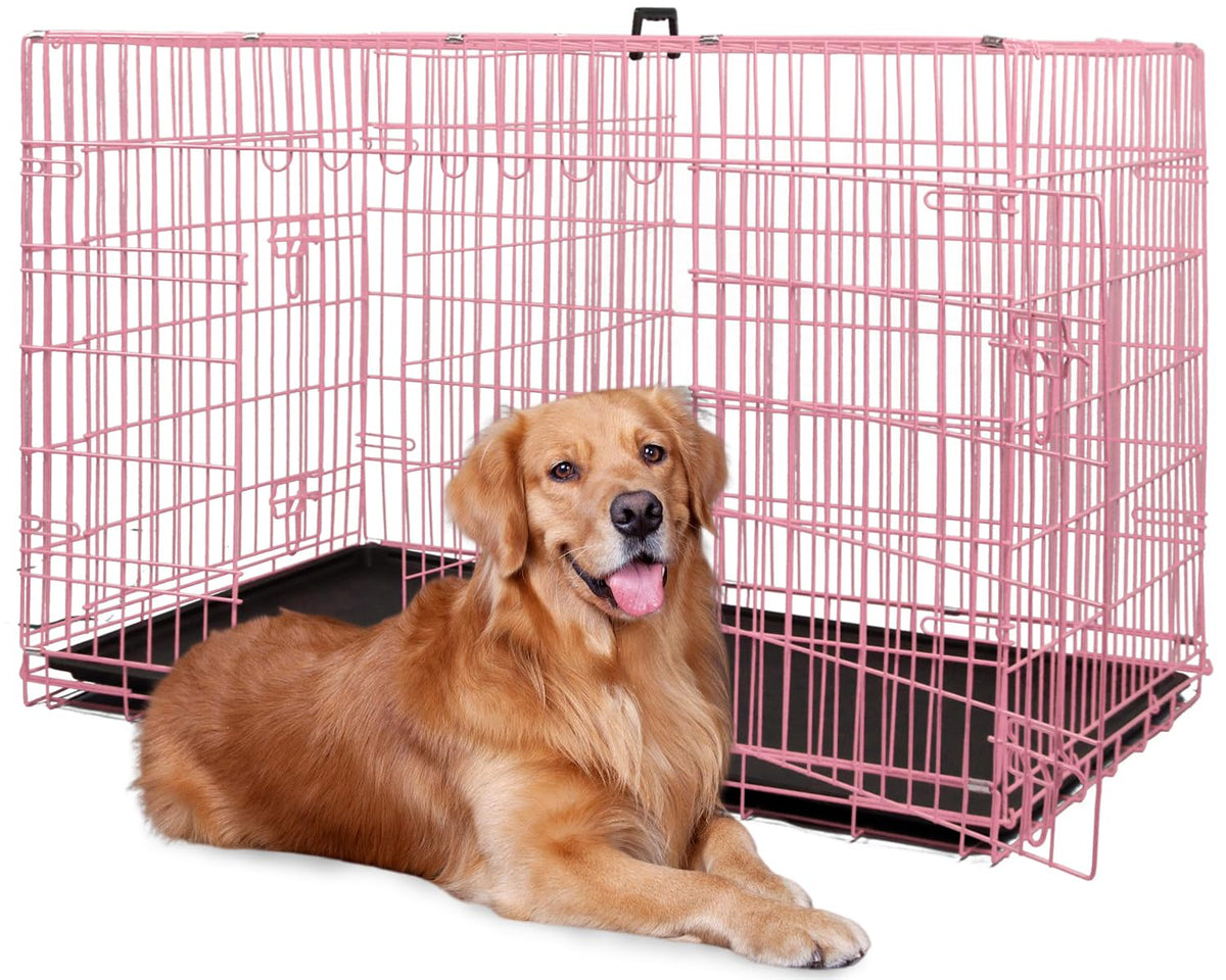 48 Inch Extra Large Pink Folding Metal Wire Dog Crate with Divider Panel Z85742