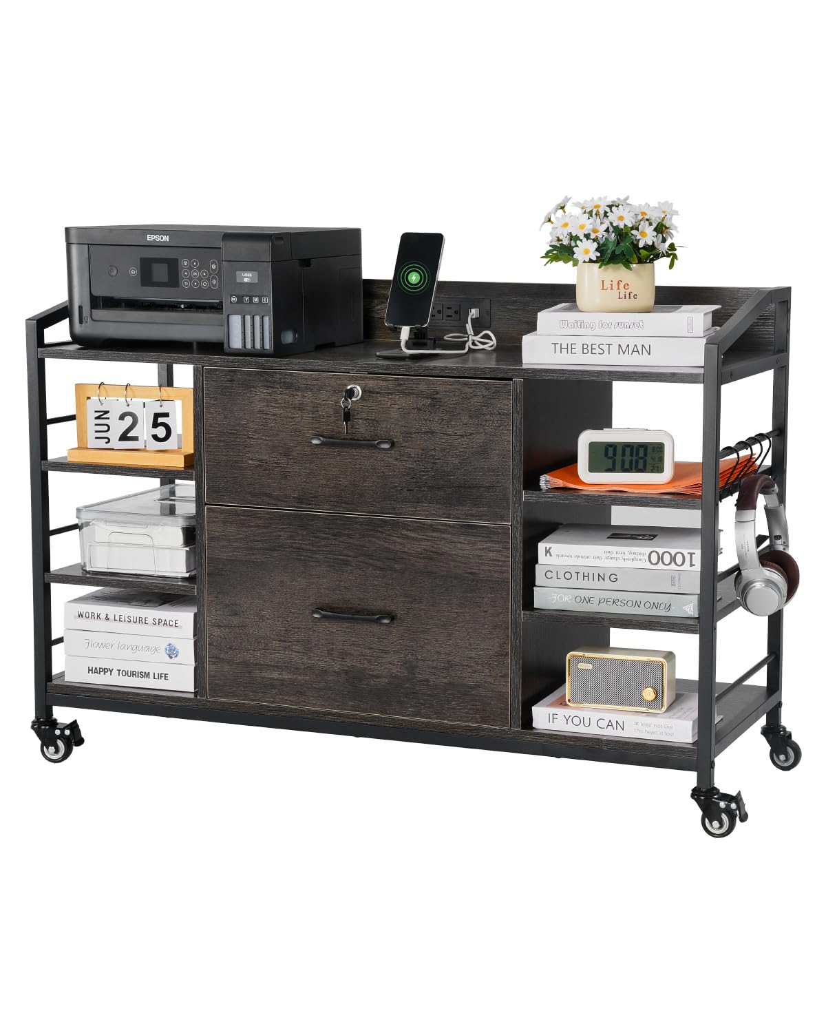 2 Drawer Metal File Cabinet with Lock and 6 Open Shelves, Gray X95116