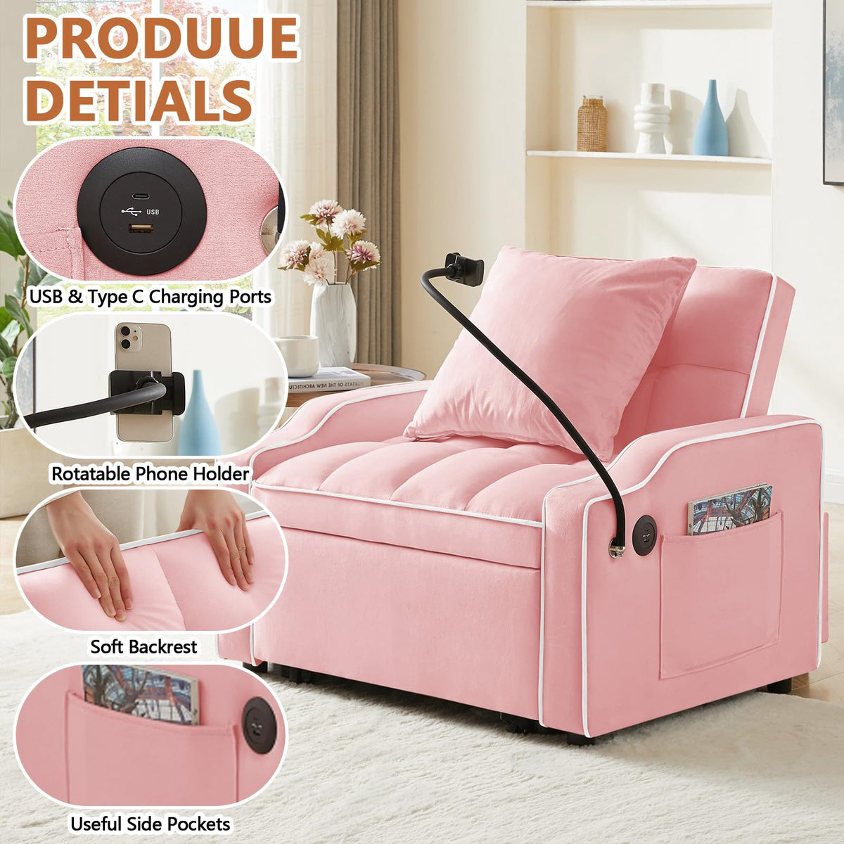 Pink Velvet Sofa Bed I638