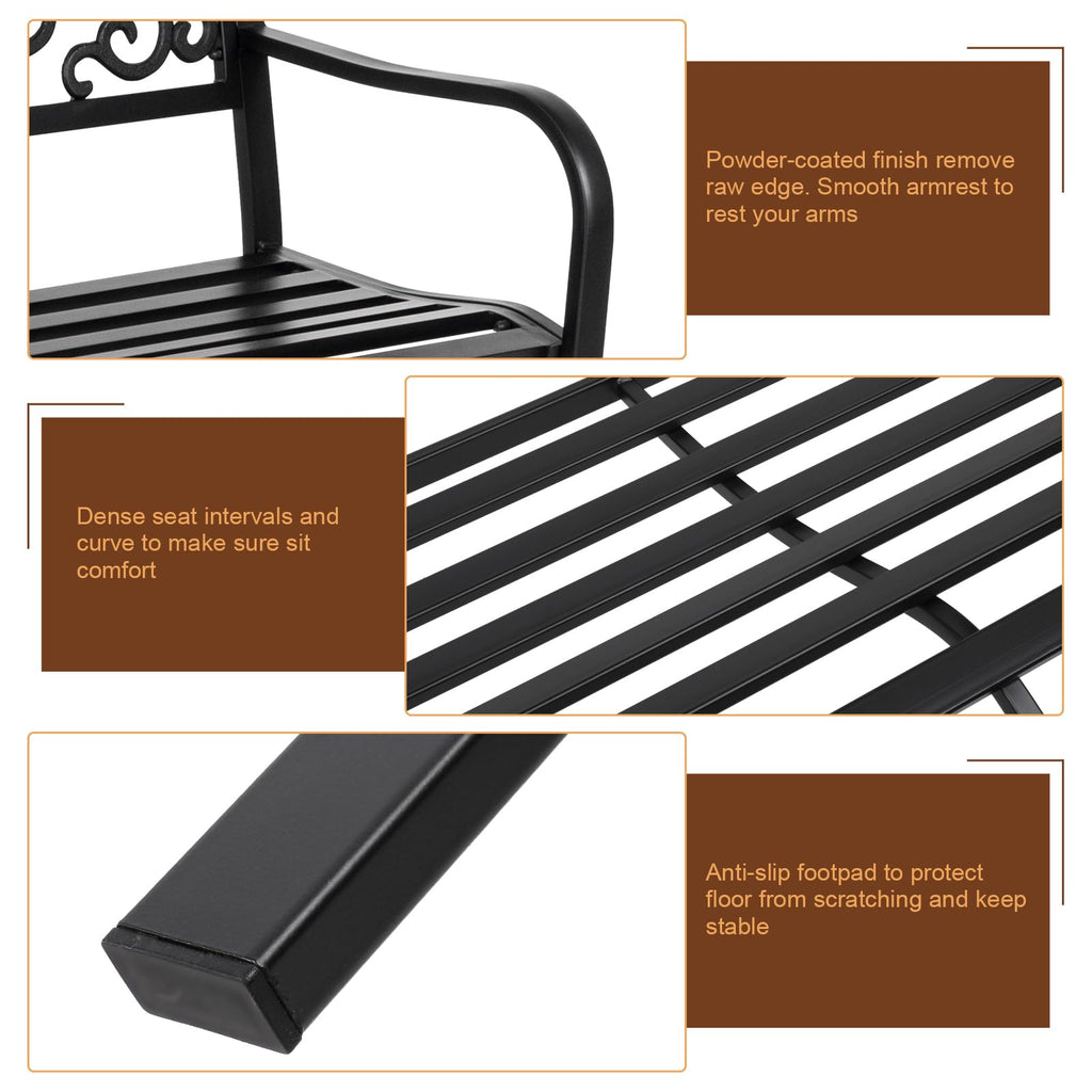 50in Black Metal Outdoor Bench with Armrests J870