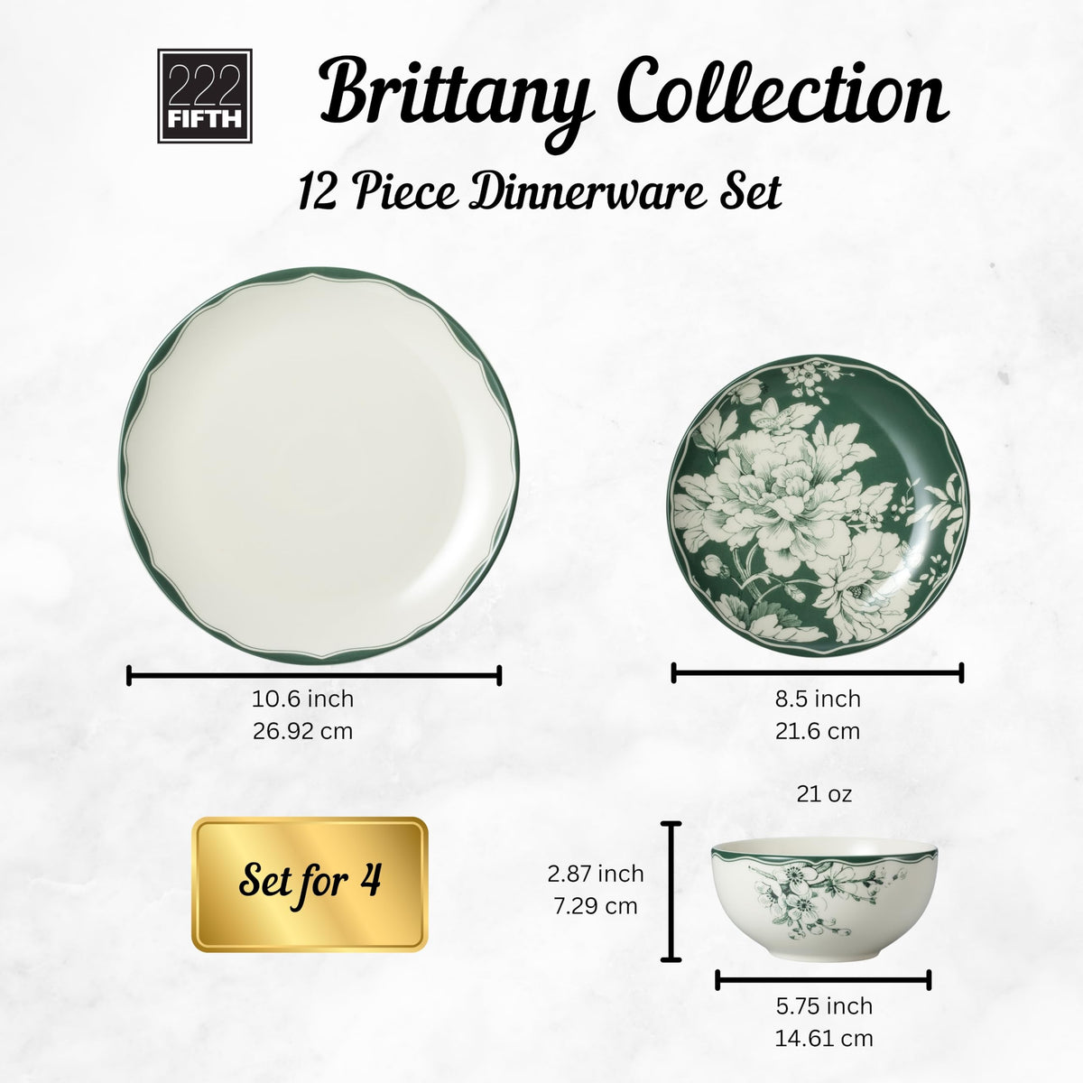 12-Piece Porcelain Dinnerware Set for 4, White & Sage Green Plates and Bowls Set T1719