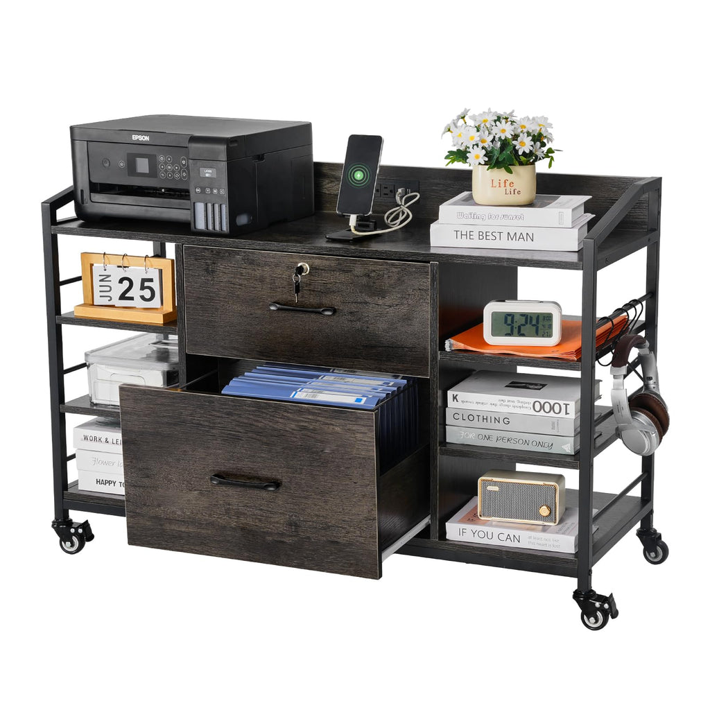 2 Drawer Metal File Cabinet with Lock and 6 Open Shelves, Gray X95116
