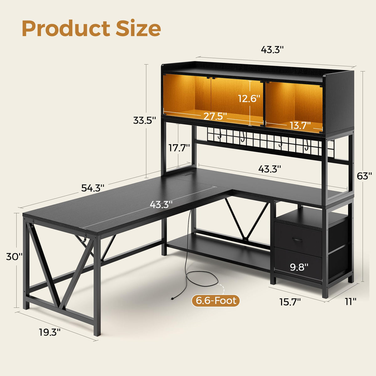 L Shaped Gaming Desk with Fabric Drawers and Power Outlet, Black W481
