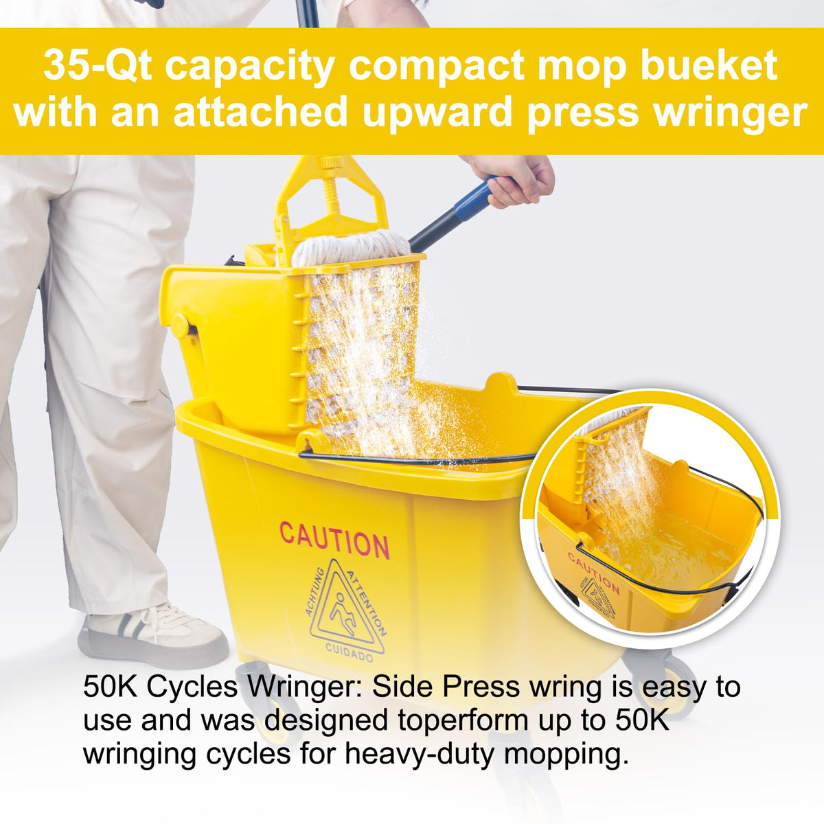35 Qt Side Press Mop Bucket on Wheels Set, Yellow W8617