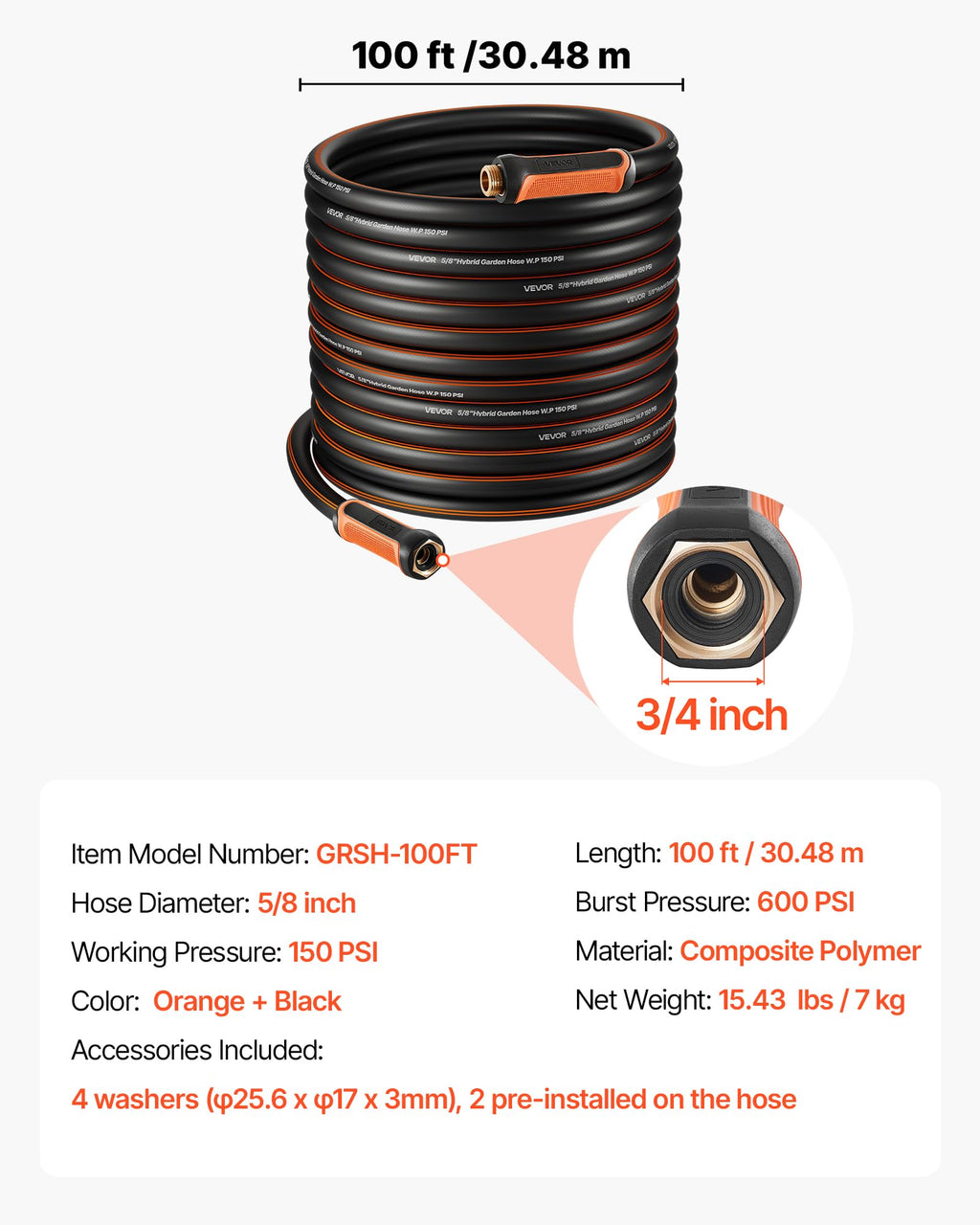 100 ft 5/8" Heavy Duty 4-Layer Rubber Garden Hose Q813341