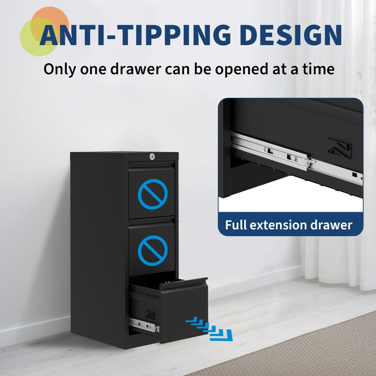 3 Drawer Metal File Cabinet with Lock, Black M370210