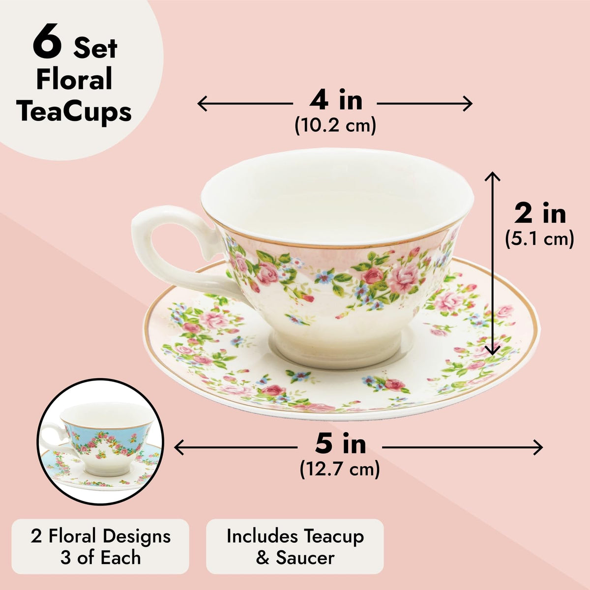 Floral Tea Cup & Saucer Set 8 Oz 12-Piece Multicolor V2640