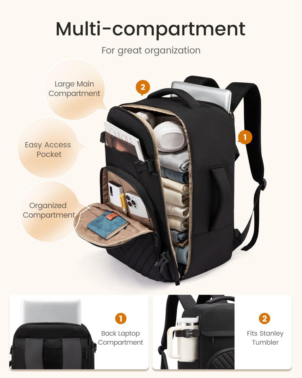 40L Waterproof Travel Backpack with 2 Cubes D901483