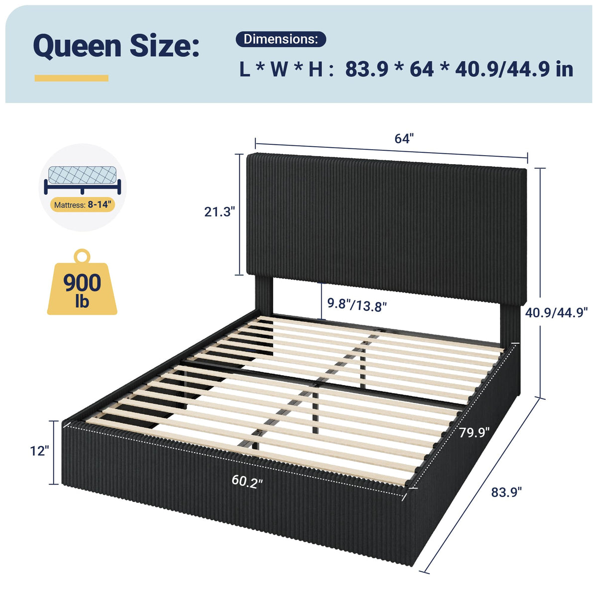 Queen Bed Frame with Adjustable Corduroy Headboard M420