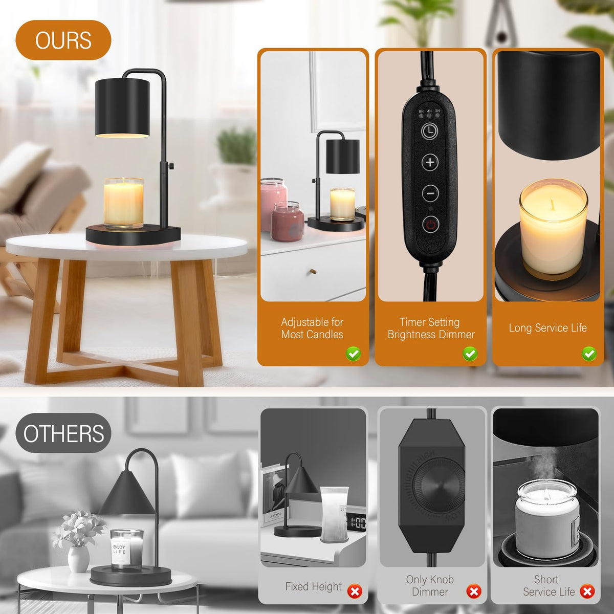 Black Adjustable Height Dimmable Candle Warmer Lamp with Timer K8773
