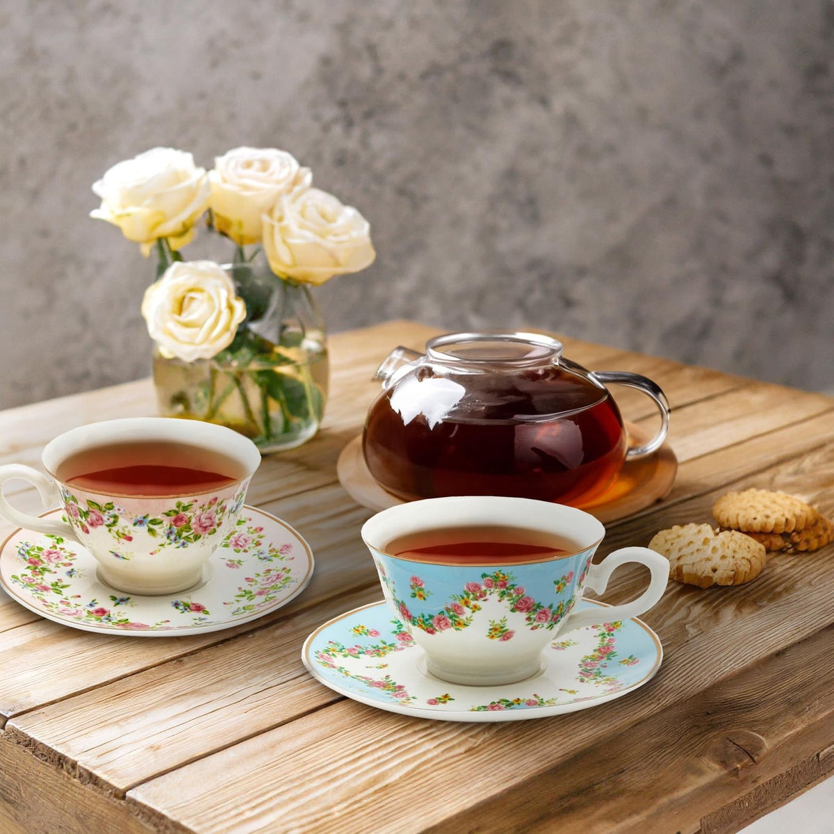 Floral Tea Cup & Saucer Set 8 Oz 12-Piece Multicolor V2640