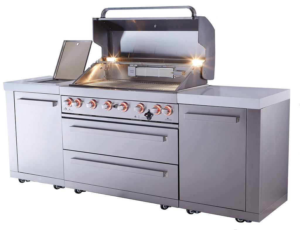 94"W Stainless Steel Modular Outdoor Kitchen Island with 6-Burner Gas Grill and White Granite Countertops Y888663