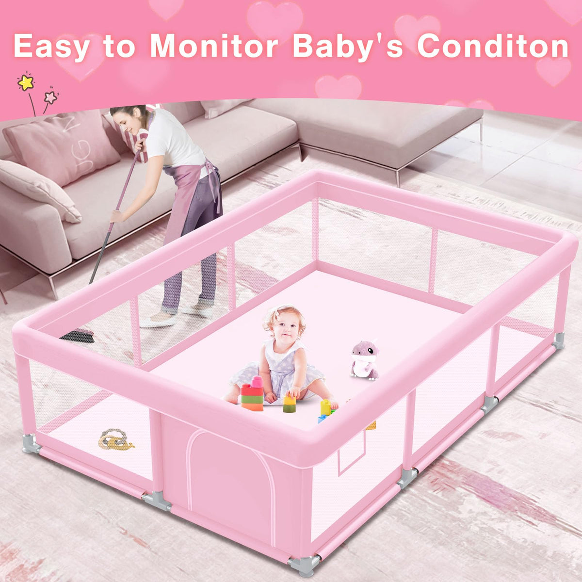 Pink Baby Playpen 74x50 Inches with Mesh Q187