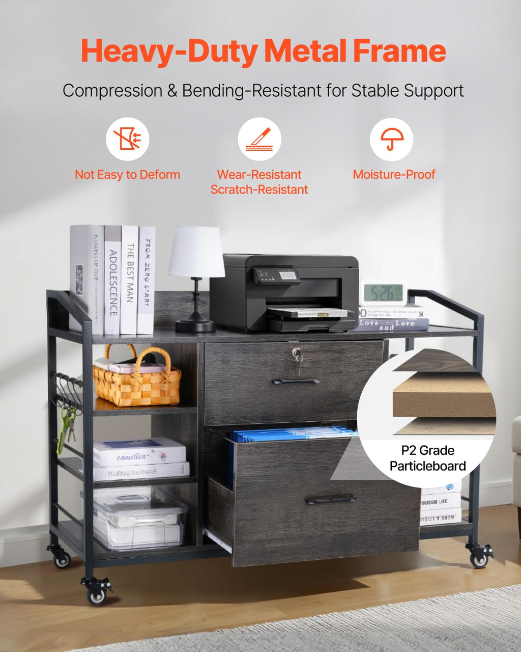 2 Drawer Metal File Cabinet with Lock and 6 Open Shelves, Gray X95116