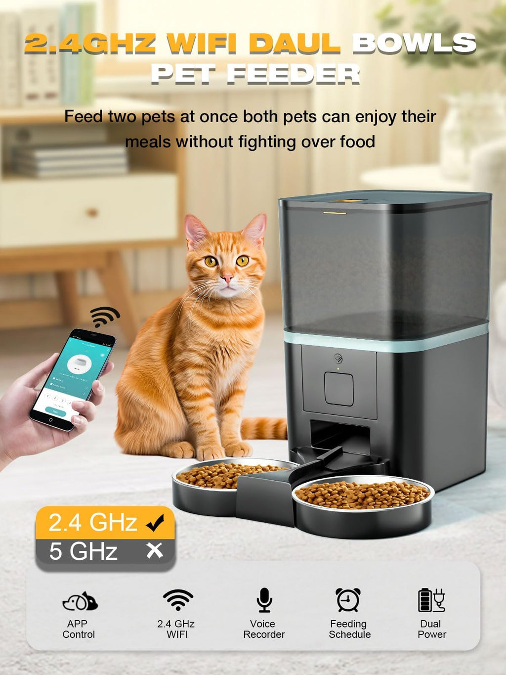 Automatic WiFi App Control Cat Feeder with Stainless Steel Bowl P2813
