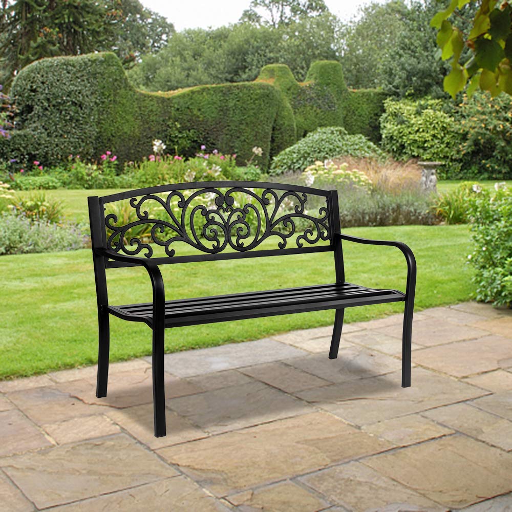 50in Black Metal Outdoor Bench with Armrests J870