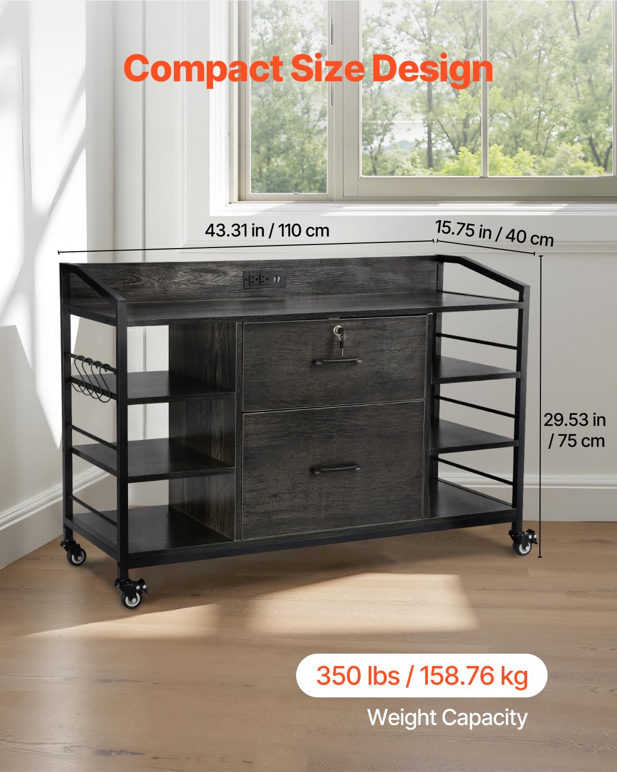 2 Drawer Metal File Cabinet with Lock and 6 Open Shelves, Gray X95116