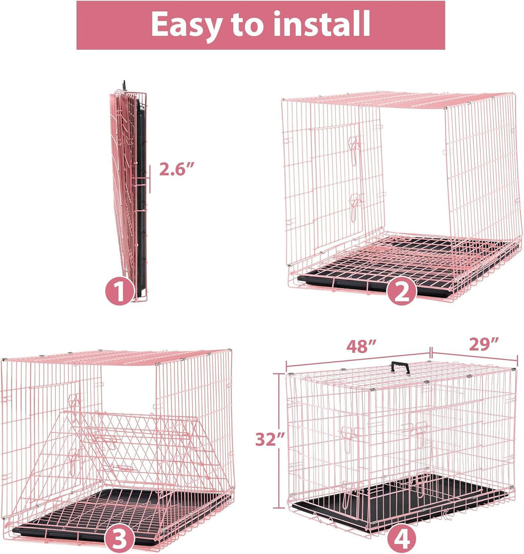 48 Inch Extra Large Pink Folding Metal Wire Dog Crate with Divider Panel Z85742