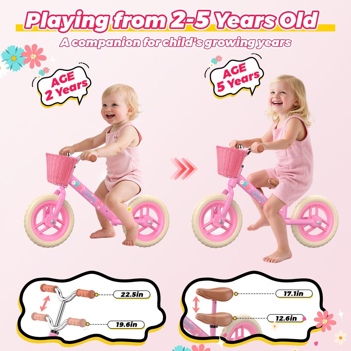 Toddler Balance Bike with Fender, Adjustable Seat/Handlebar, Flat-Free LED Tires M3531