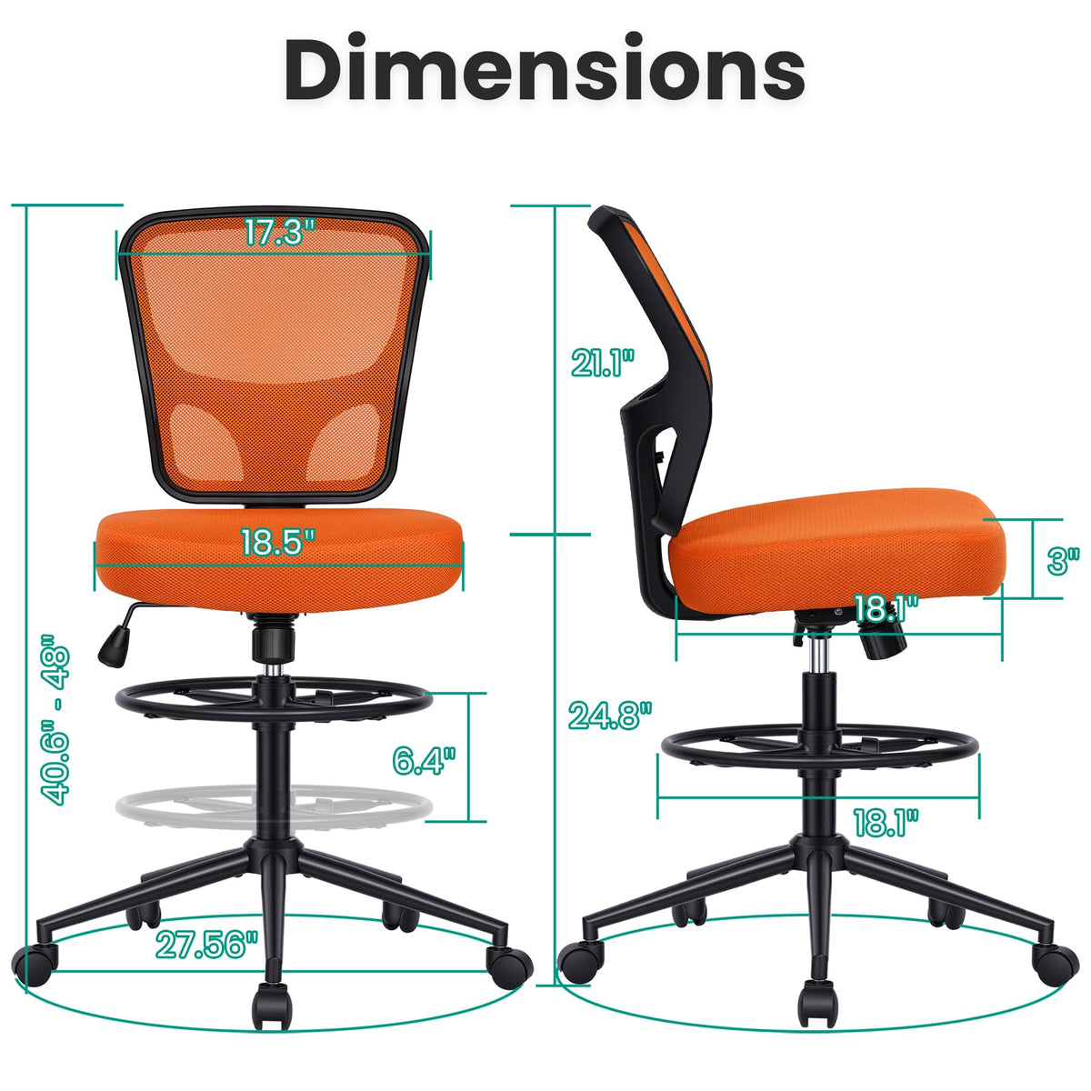 Armless Adjustable Height Mesh Drafting Chair with Foot Ring & Wheels F90607