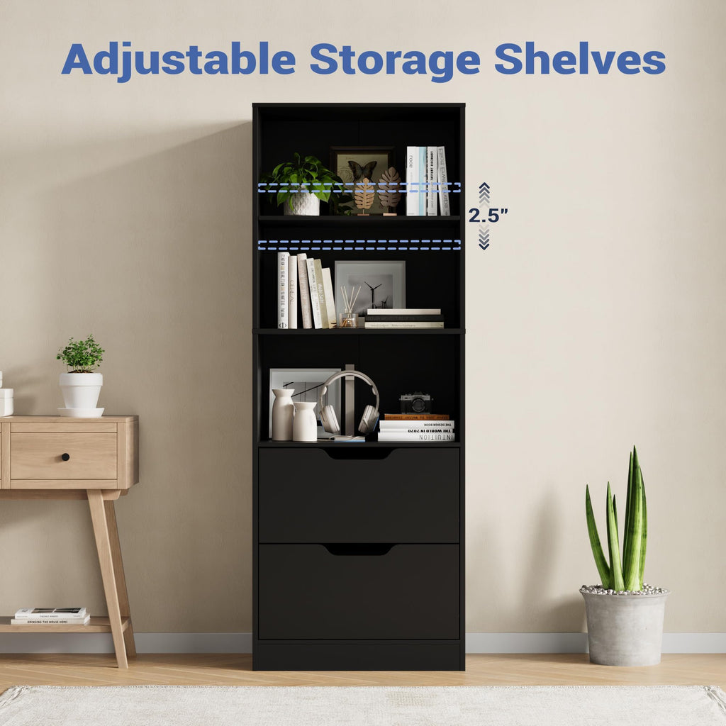 63" H Black Bookshelf with 2 Drawers H3434